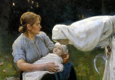 A painting of a woman dressed in white leaning over a woman holding a baby